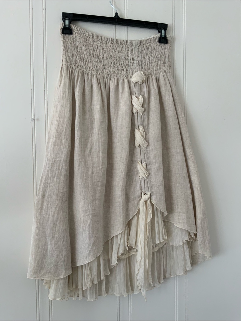 Neutral High-Low Layered Linen Skirt with Braided Front Detail